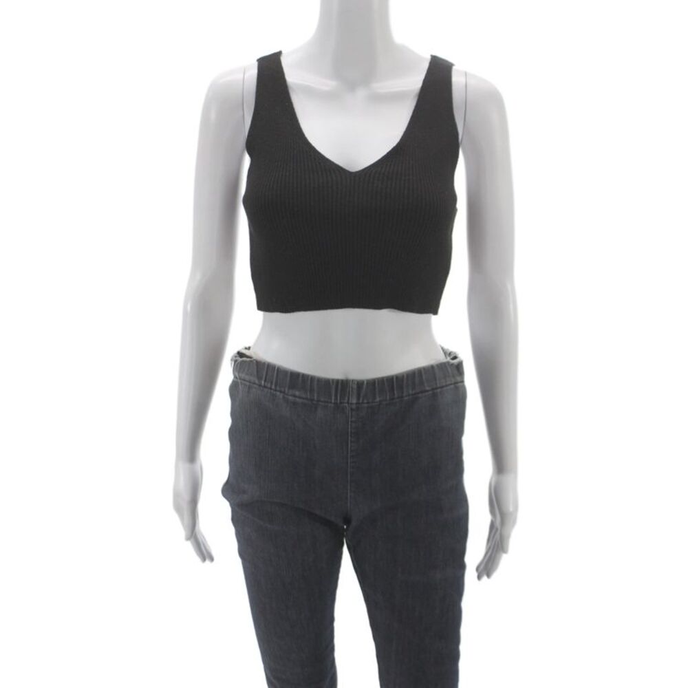 Designer Womens Cropped V-Neck Black Linen Blend Tank Size XS